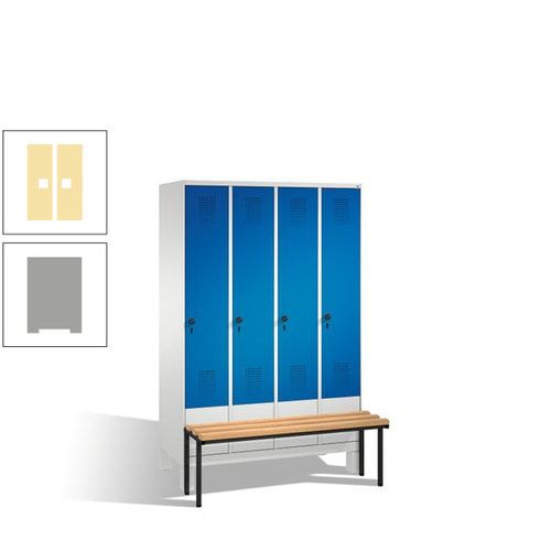 Stahl-Garderobenschrank, Spind, Buche Sitzbank vorgebaut, 4 Abteile a 300 mm, Korpus Lichtgrün, Tür Schwefelgelb, 1.850 x 1.200 x 815 mm (HxBxT)