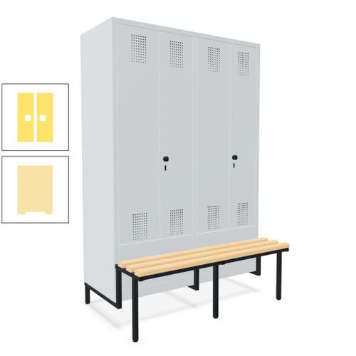 Doppel-Spind, Garderobenschrank, Buche Sitzbank integriert, 4 Abteile 300 mm, Korpus anthrazitgrau, Tür anthrazitgrau, 1.850 x 1.200 x 815 mm (HxBxT)