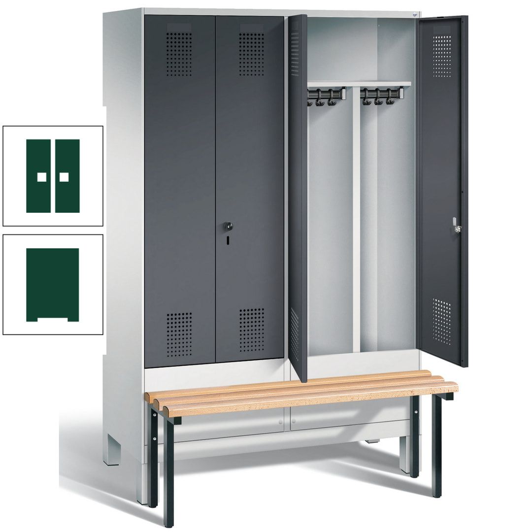 Doppel-Spind, Garderobenschrank, Buche Sitzbank vorgebaut, 4 Abteile a 300 mm, Korpus feuerrot, Tür Wasserblau, 1.850 x 1.200 x 815 mm (HxBxT)