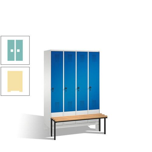 Stahl-Garderobenschrank, Spind, Buche Sitzbank vorgebaut, 4 Abteile a 300 mm, Korpus Lichtgrün, Tür Schwefelgelb, 1.850 x 1.200 x 815 mm (HxBxT)