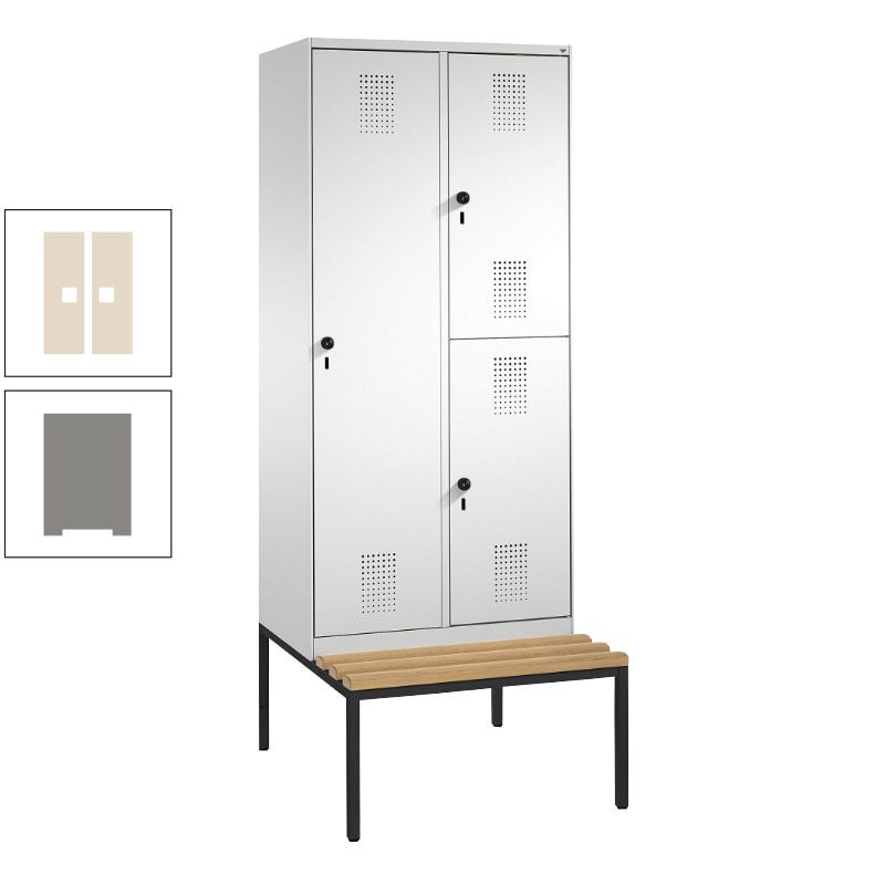 Garderobenschrank, Spind ein- und doppelstöckig Sitzbank, 2 Abteile, 3 Fächer, 2.090 x 800 x 500 mm (HxBxT), Front anthrazitgrau, Korpus anthrazitgrau
