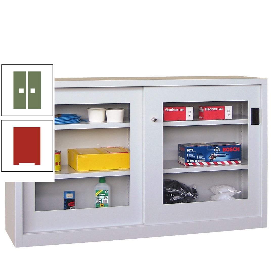 Schiebetürenschrank - Sichtfenstertüren - 1.000x1.500x600 mm (HxBxT) - 4 Böden, verzinkt - Zylinderschloss - anthrazitgrau