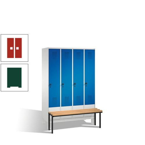 Stahl-Garderobenschrank, Spind, Buche Sitzbank vorgebaut, 4 Abteile a 300 mm, Korpus Lichtgrün, Tür Schwefelgelb, 1.850 x 1.200 x 815 mm (HxBxT)