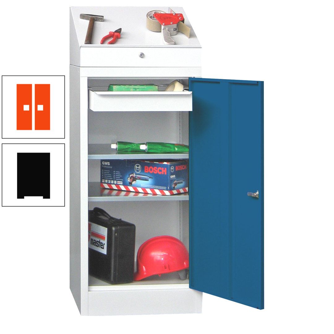 Stehpult mit Schrank - Vollblechtür - 1 Einlegeboden, 1 Ausziehboden, 1 Schublade - 1.270x500x500 mm (HxBxT) - anthrazitgrau