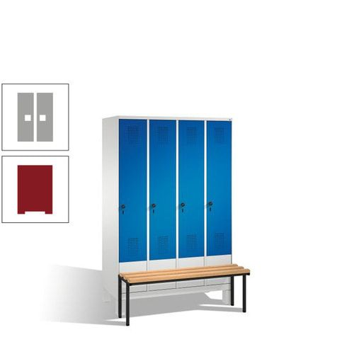 Stahl-Garderobenschrank, Spind, Buche Sitzbank vorgebaut, 4 Abteile a 300 mm, Korpus Lichtgrün, Tür Schwefelgelb, 1.850 x 1.200 x 815 mm (HxBxT)