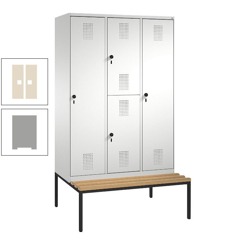 Garderobenschrank, Spind ein- und doppelstöckig Sitzbank, 3 Abteile, 4 Fächer, 2.090x1.200x500 mm (HxBxT), Front anthrazitgrau, Korpus anthrazitgrau