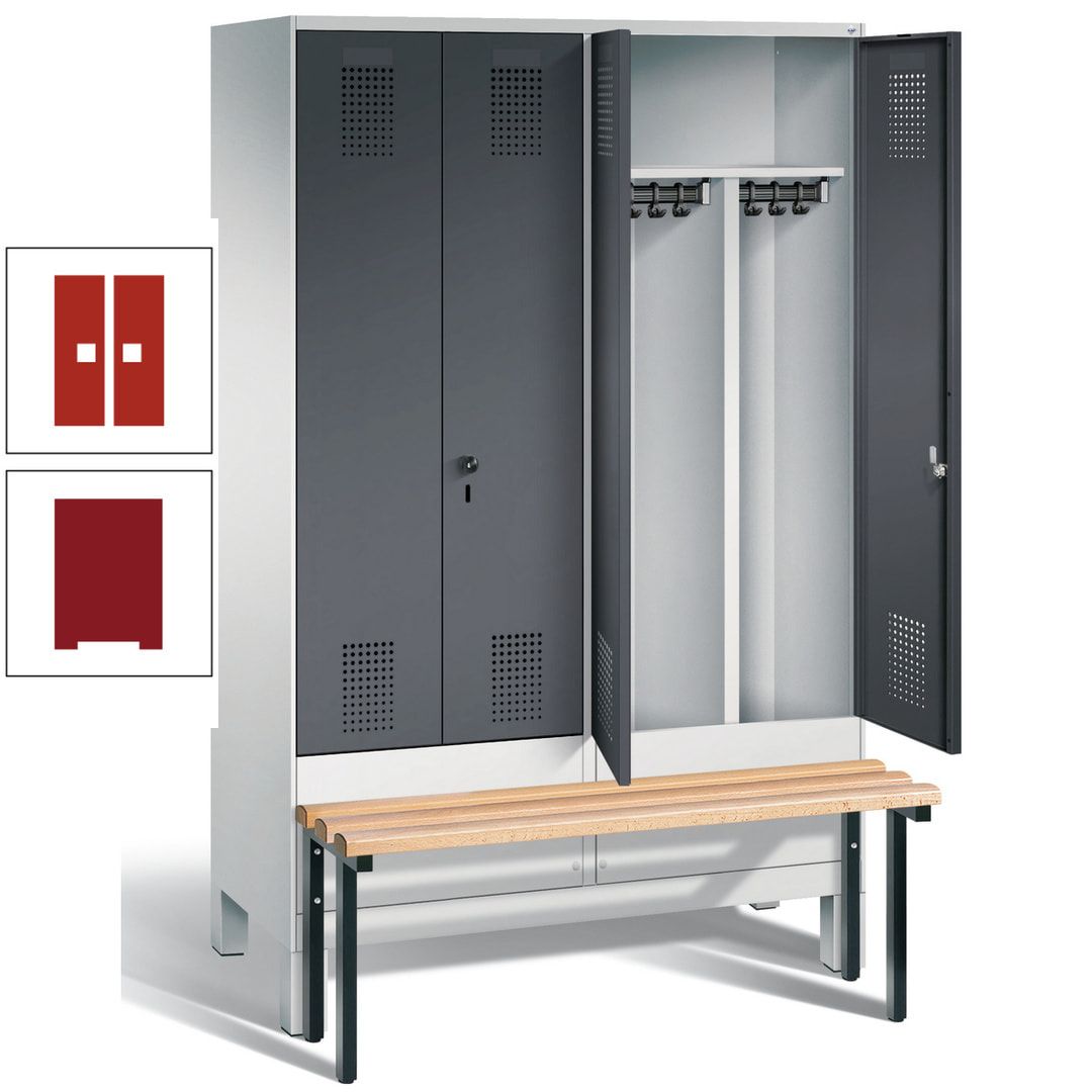 Doppel-Spind, Garderobenschrank, Buche Sitzbank vorgebaut, 4 Abteile a 300 mm, Korpus feuerrot, Tür Wasserblau, 1.850 x 1.200 x 815 mm (HxBxT)