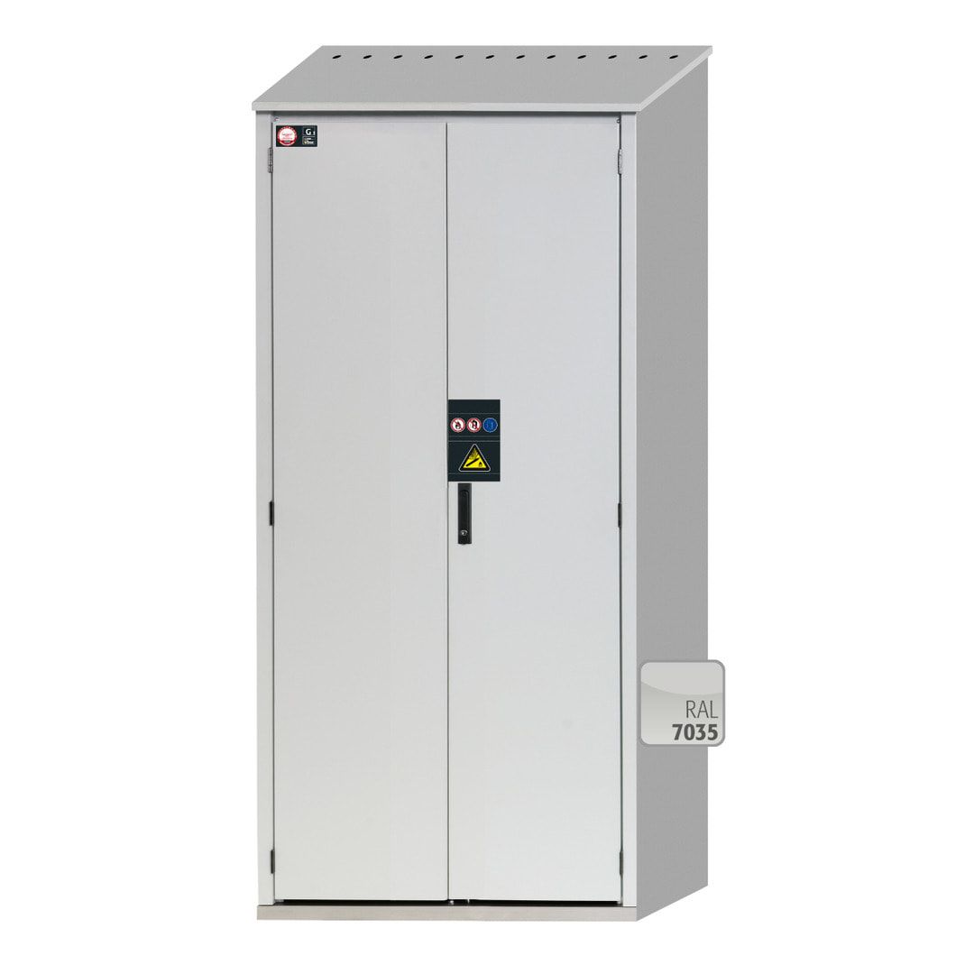 Druckgasflaschenschrank für Außenbereich, Edelstahlsockel, 3 Flaschenplätze, Türen mit Klappfenster, 2.149 x 1.006 x 400 mm (HxBxT), Farbe lichtgrau