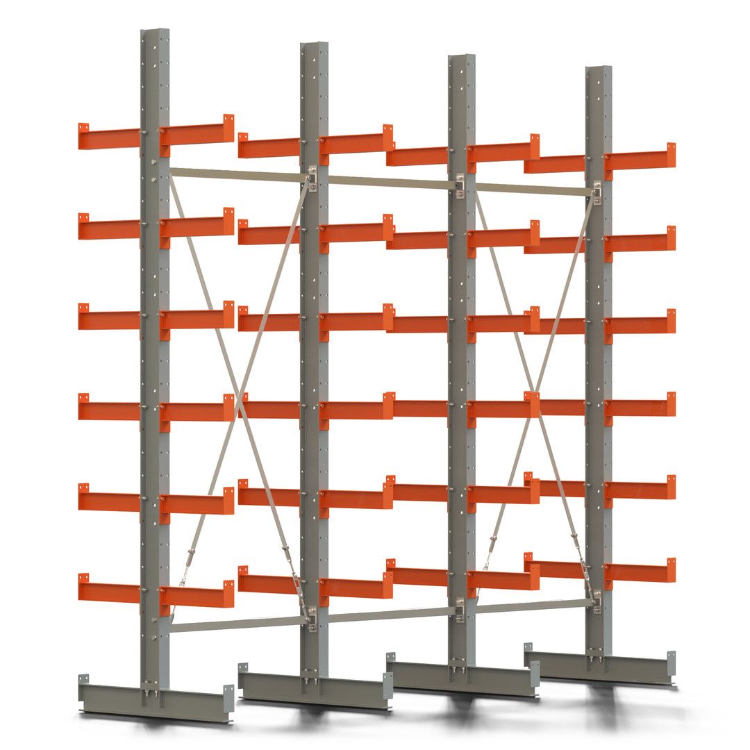 Doppelseitiges Kragarmregal, 2 Felder, 3.000 x 2.000 x 1.120 mm (HxBxT), Nutztiefe 500 mm, Kragarmlast 870 kg, KARL basic, silbergrau/reinorange