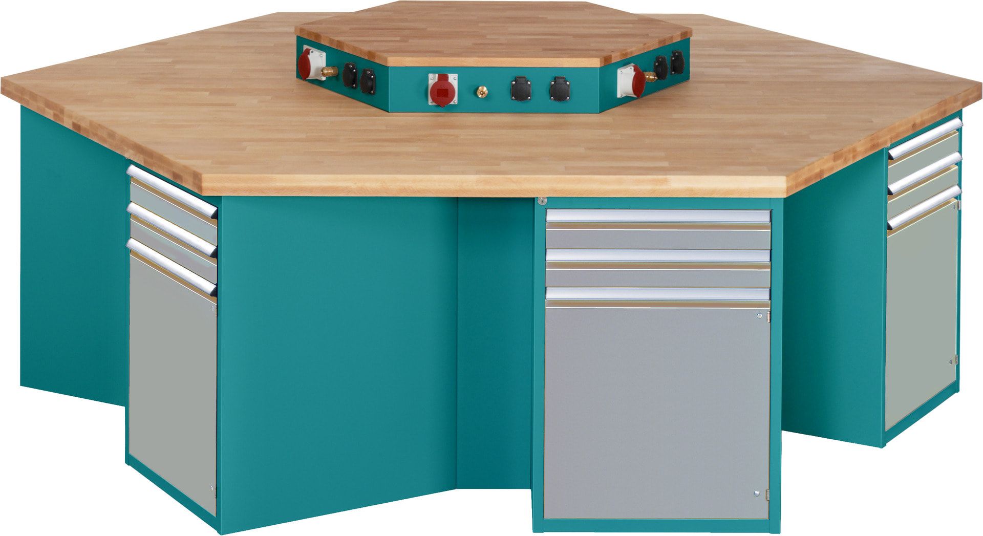 Gruppenwerkbank, Buche, Höhe 840 mm, mit Energieaufsatz, Unterbau-Container, 2 Schubladen, 1 Tür, 1 Boden - Anthrazitgrau