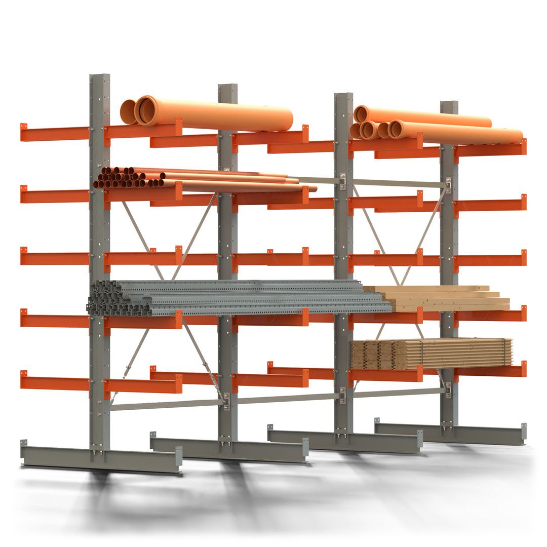 Doppelseitiges Kragarmregal, 2 Felder, 2.500 x 2.560 x 1.120 mm (HxBxT), Nutztiefe 500 mm, Kragarmlast 870 kg, KARL basic, silbergrau/reinorange