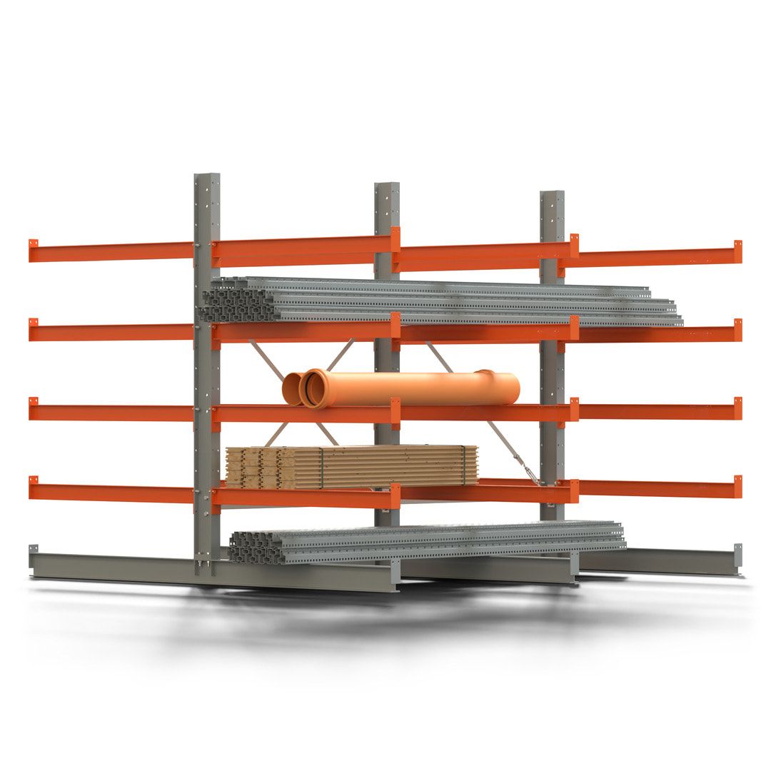 Doppelseitiges Kragarmregal, 2 Felder, 2.000 x 2.560 x 1.120 mm (HxBxT), Nutztiefe 500 mm, Kragarmlast 870 kg, KARL basic, silbergrau/reinorange