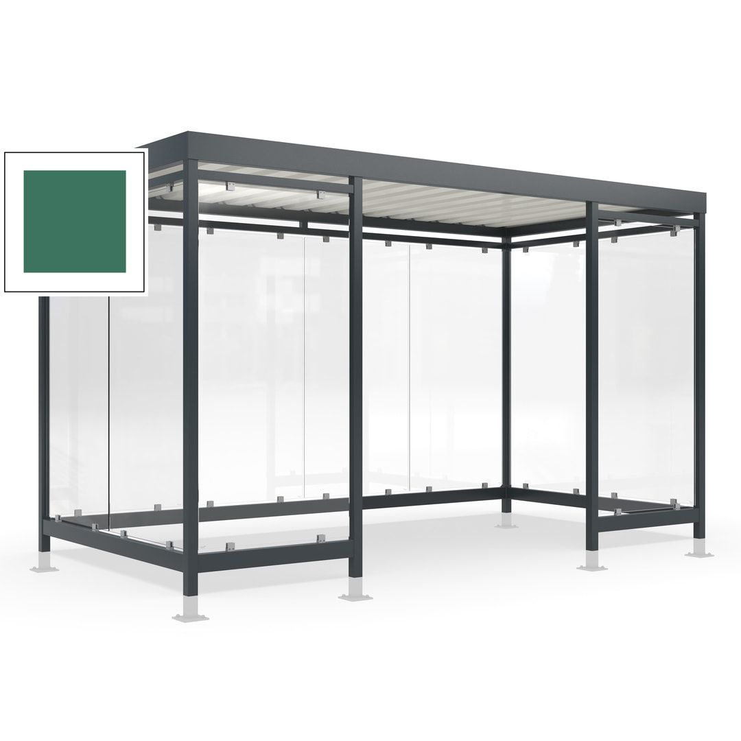 Raucherunterstand für 12-13 Personen, Bushaltestelle, mit Überpflasterung, 2.440 x 4.195 x 2.165 mm (HxBxT), 10 Wände, Achatgrau