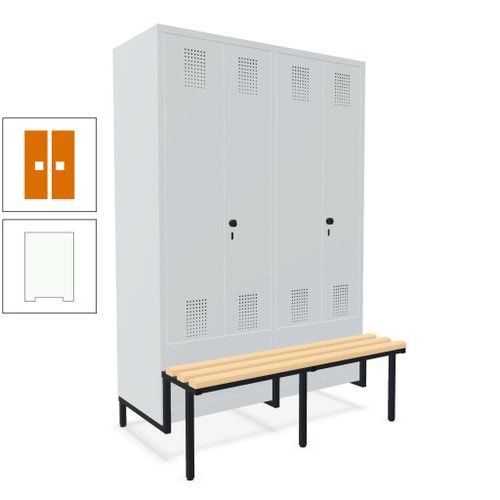 Doppel-Spind, Garderobenschrank, Buche Sitzbank integriert, 4 Abteile 300 mm, Korpus anthrazitgrau, Tür anthrazitgrau, 1.850 x 1.200 x 815 mm (HxBxT)
