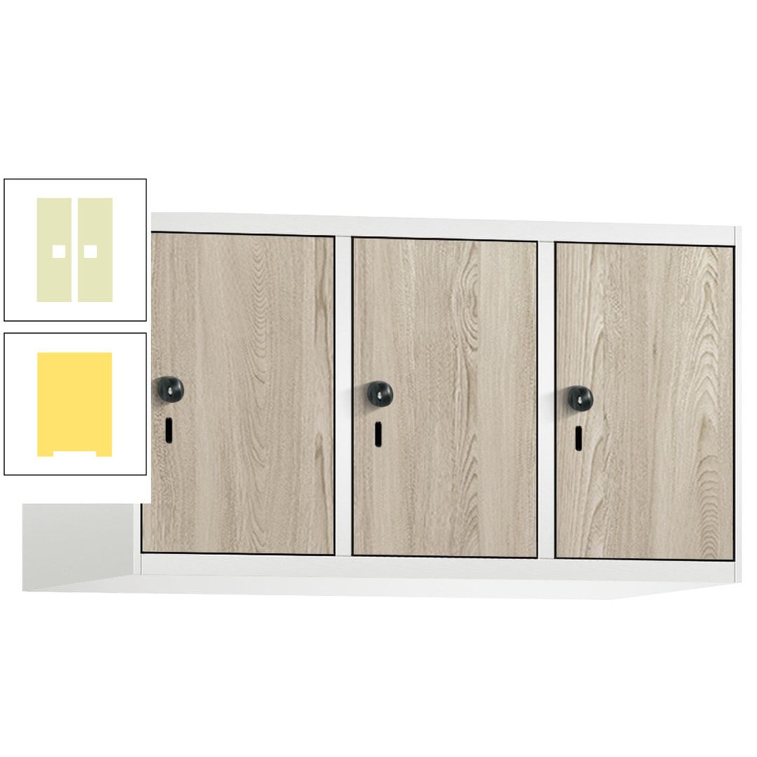 Aufsatzschrank, Schrankaufsatz, 3 Fächer a 300 mm, Farbe Pastellgelb, Tür anthrazitgrau, 500 x 900 x 500 mm (HxBxT)