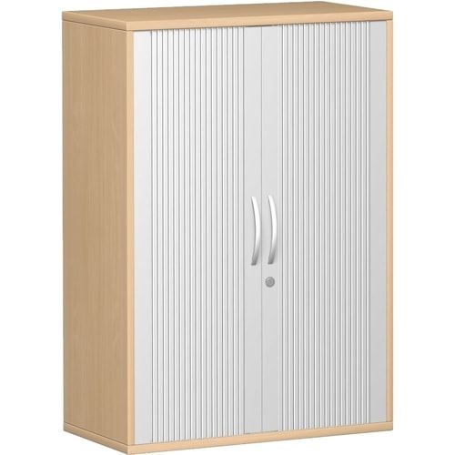 Querrollladenschrank, Dekoreinlageboden, Metallsockel/Standfüße, abschließbar, 1.152 x 1.000 x 425 mm (HxBxT), Korpusfarbe Ahorn, Frontfarbe silber