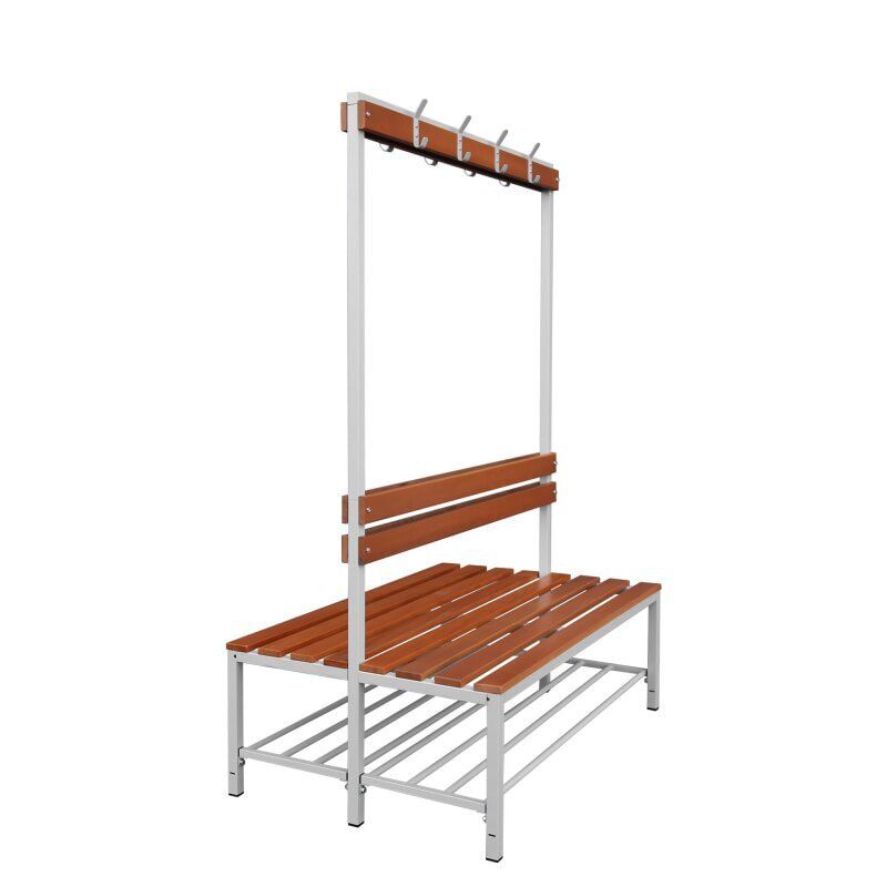Umkleidebank, doppelseitig, Schuhrost, Haken, Breite 1.200 mm, Sitzhöhe 400 mm, Stahl mit Holzleisten, Gestell: lichtgrau, Sitzleisten: Buche