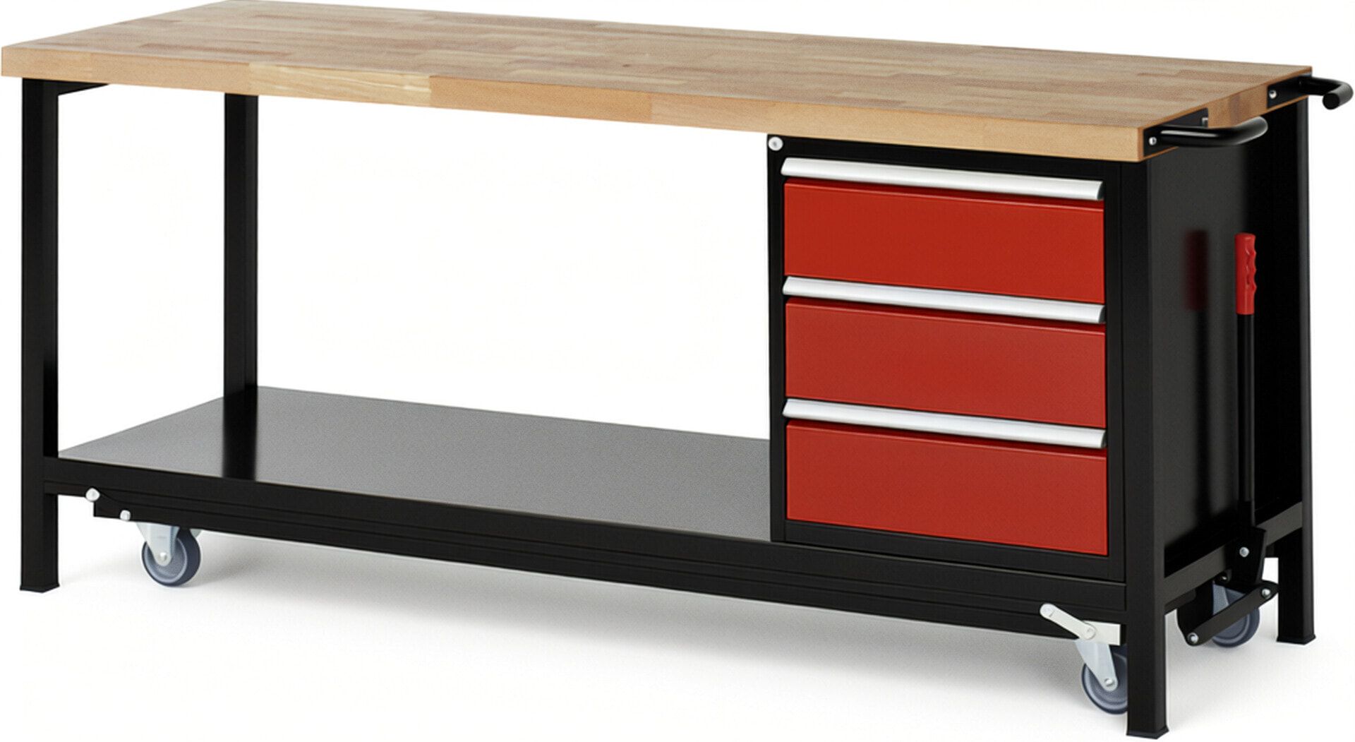 Mobile absenkbare Werkbank mit 3 Schubladen - Teilauszug - 180:3 - 880 x 2.000 x 700 mm (HxBxT) - 1,25 t - Buche - Anthrazitgrau
