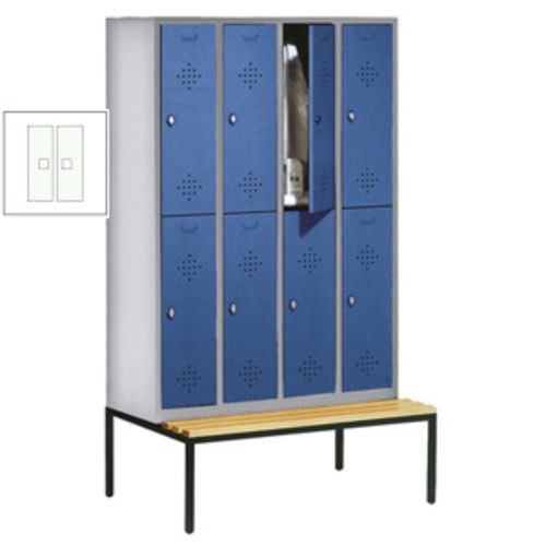 Garderobenschrank, Spind, 4 Abteile 8 Fächer, 2.090 x 1.190 x 815 mm (HxBxT), Hartholz Sitzbank untergebaut, Korpus anthrazitgrau, Türen anthrazitgrau