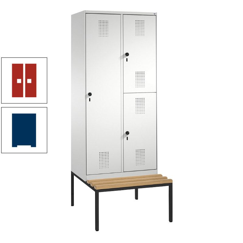 Garderobenschrank, Spind ein- und doppelstöckig Sitzbank, 2 Abteile, 3 Fächer, 2.090 x 800 x 500 mm (HxBxT), Front anthrazitgrau, Korpus anthrazitgrau