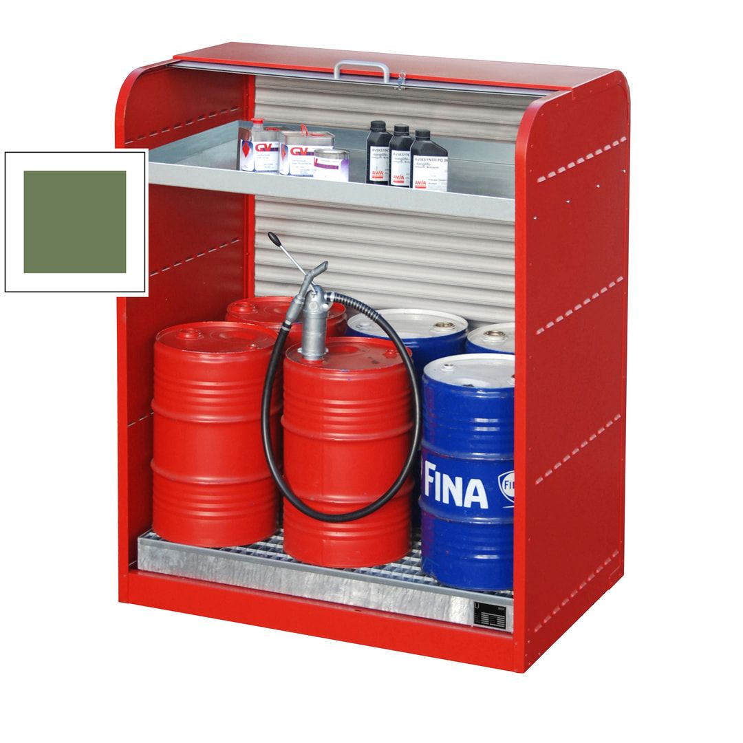 Gefahrstoffschrank mit Rollladen - für 6 x 60-l-Fass - 1 Kleingebindewanne - feuerrot