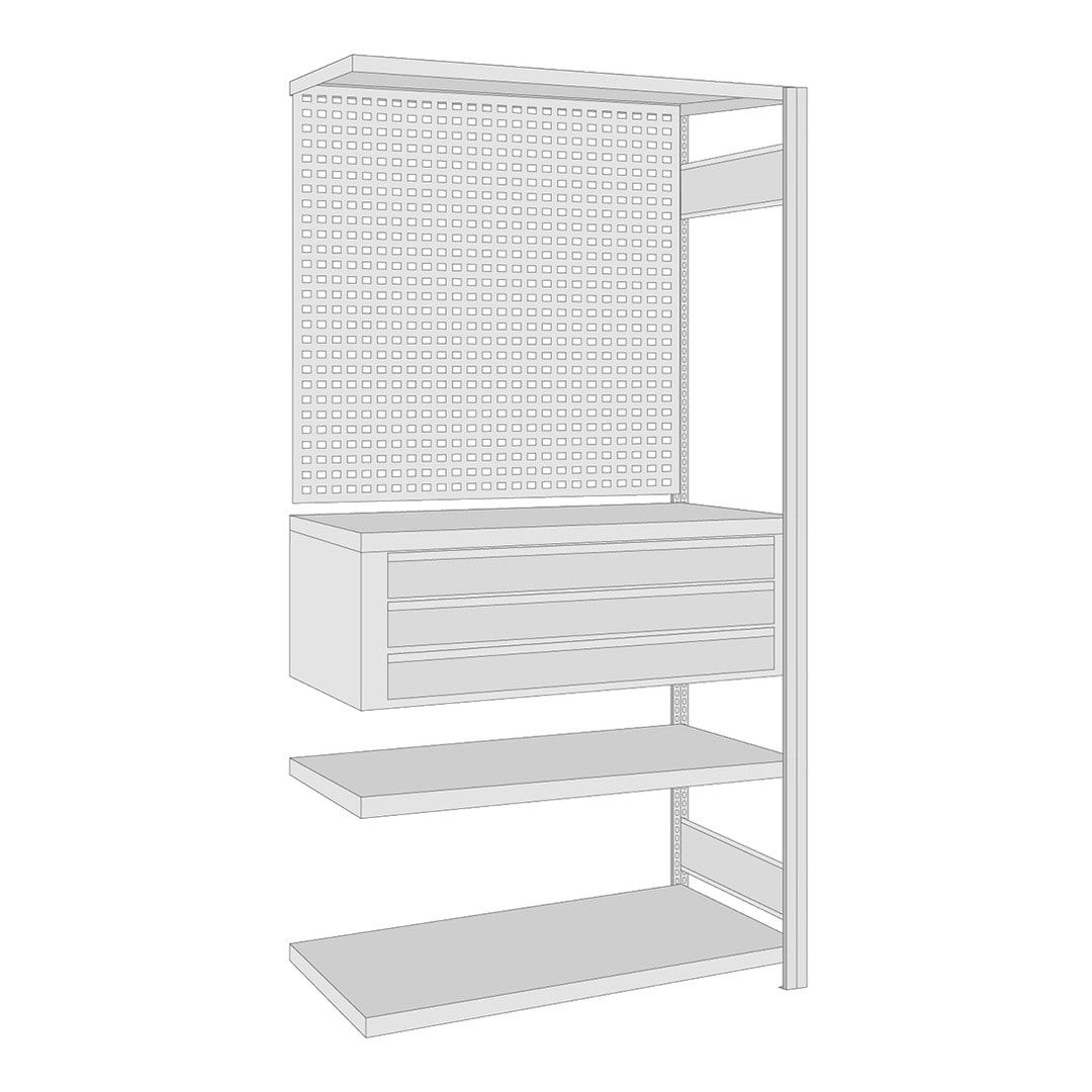 Fachbodenregal mit Lochwand - 150 kg - 4 Fachböden - 3 Schubladen - 2.000 x 1.005 x 500 mm (HxBxT) - Anbauregal - verzinkt