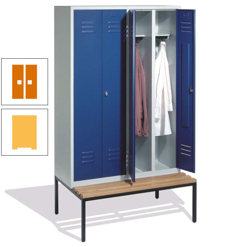 Doppel-Spindschrank, Buche Sitzbank untergebaut, 4 Abteile a 300 mm, Korpus lichtgrau, Tür anthrazitgrau, 2.090 x 1.190 x 815 mm (HxBxT)