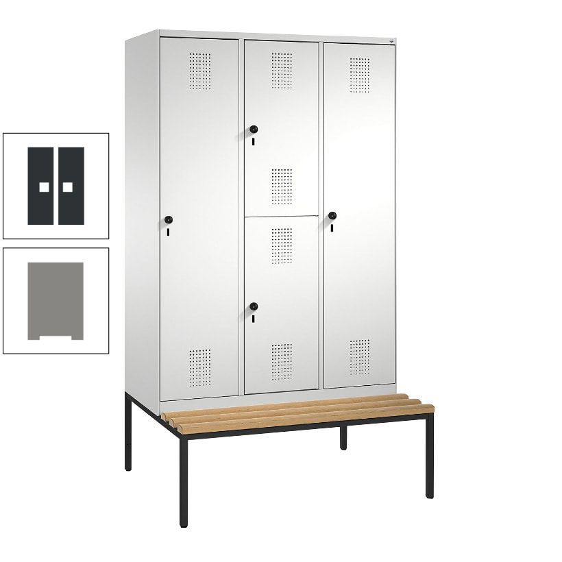 Garderobenschrank, Spind ein- und doppelstöckig Sitzbank, 3 Abteile, 4 Fächer, 2.090x1.200x500 mm (HxBxT), Front anthrazitgrau, Korpus anthrazitgrau