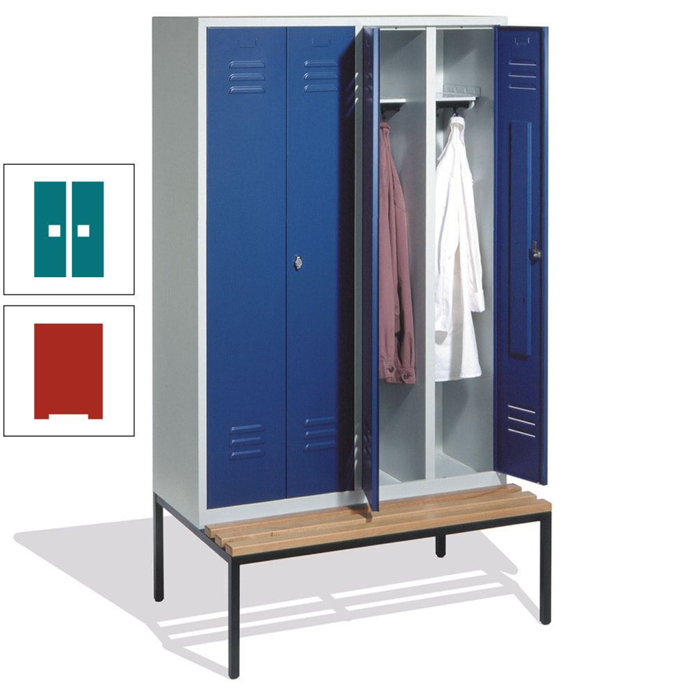 Doppel-Spindschrank, Buche Sitzbank untergebaut, 4 Abteile a 300 mm, Korpus lichtgrau, Tür anthrazitgrau, 2.090 x 1.190 x 815 mm (HxBxT)