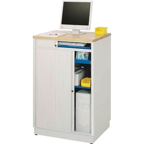 Computer-Arbeitsplatz, Buche-Dekor, Steckdosen, geteiltes Basisfach, Rollladen,Tastaturschublade, stationär - Anthrazitgrau