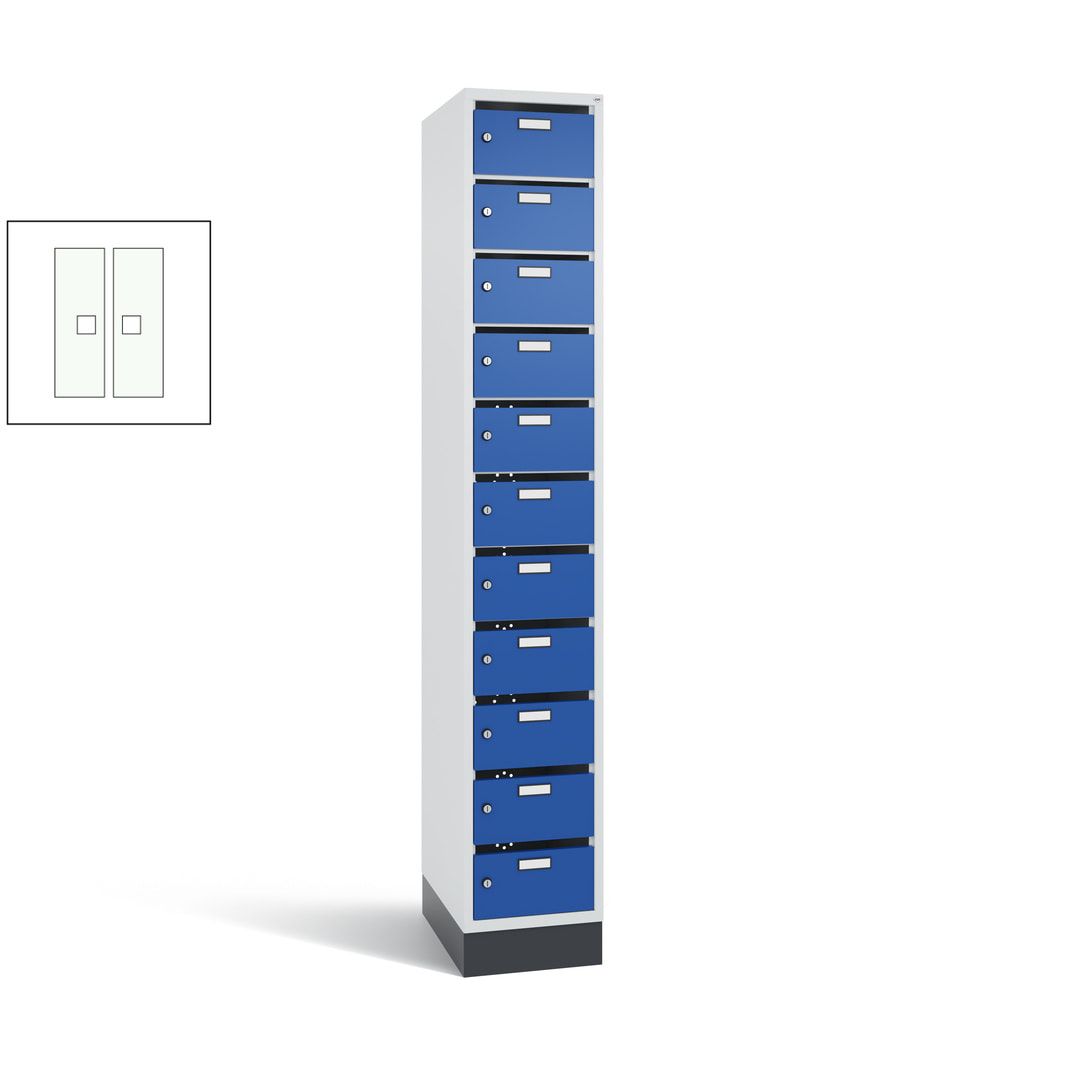 Postverteilerschrank, Schließfachschrank, mit Sockel, 11 Fächer, 1.950 x 320 x 500 mm (HxBxT), Korpus lichtgrau, Tür anthrazitgrau