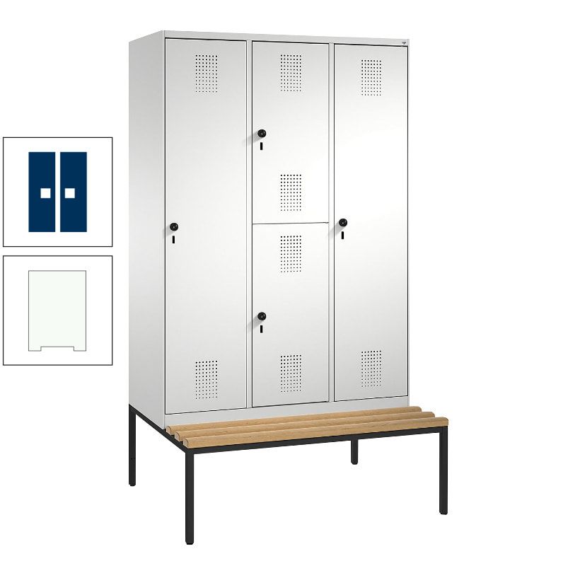 Garderobenschrank, Spind ein- und doppelstöckig Sitzbank, 3 Abteile, 4 Fächer, 2.090x1.200x500 mm (HxBxT), Front anthrazitgrau, Korpus anthrazitgrau