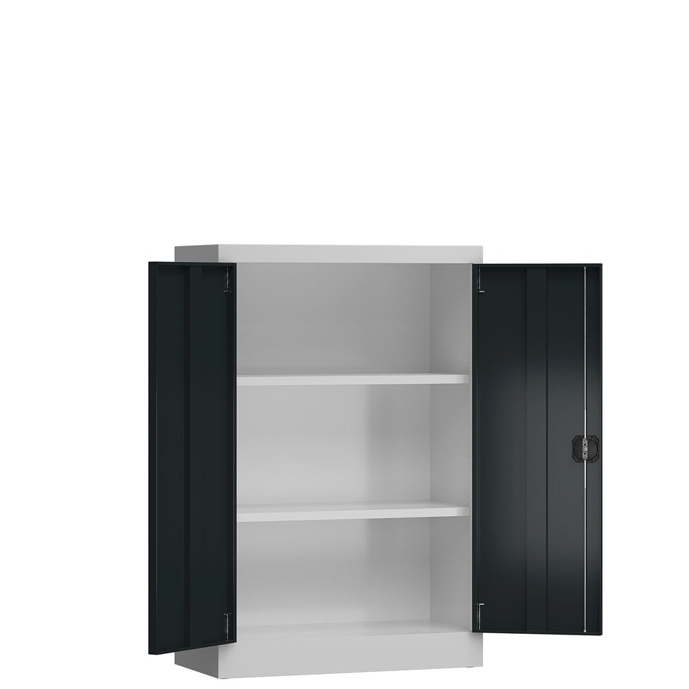 Aktenschrank, Büroschrank, abschließbar, Flügeltüren, 2 Fachböden, 1.200 x 800 x 380 mm (HxBxT), Stahl, Korpus und Türen lichtgrau