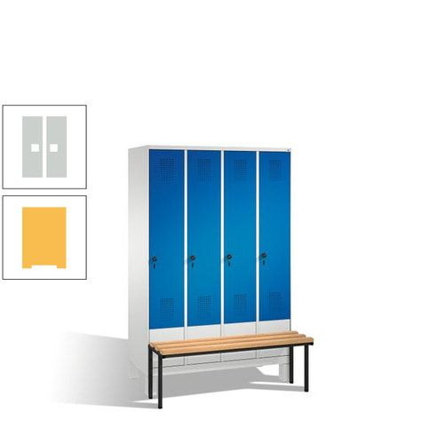 Stahl-Garderobenschrank, Spind, Buche Sitzbank vorgebaut, 4 Abteile a 300 mm, Korpus Lichtgrün, Tür Schwefelgelb, 1.850 x 1.200 x 815 mm (HxBxT)
