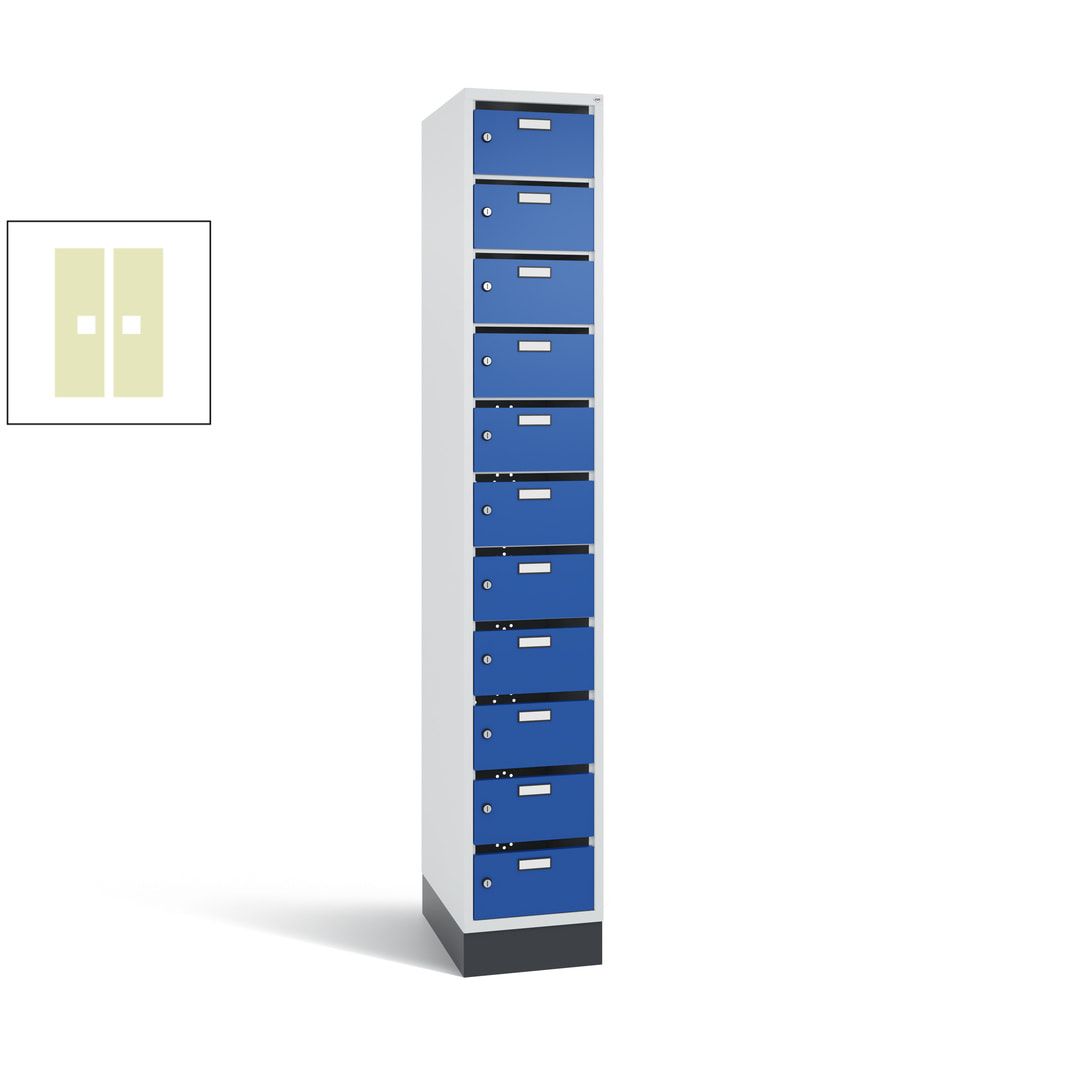 Postverteilerschrank, Schließfachschrank, mit Sockel, 11 Fächer, 1.950 x 320 x 500 mm (HxBxT), Korpus lichtgrau, Tür anthrazitgrau
