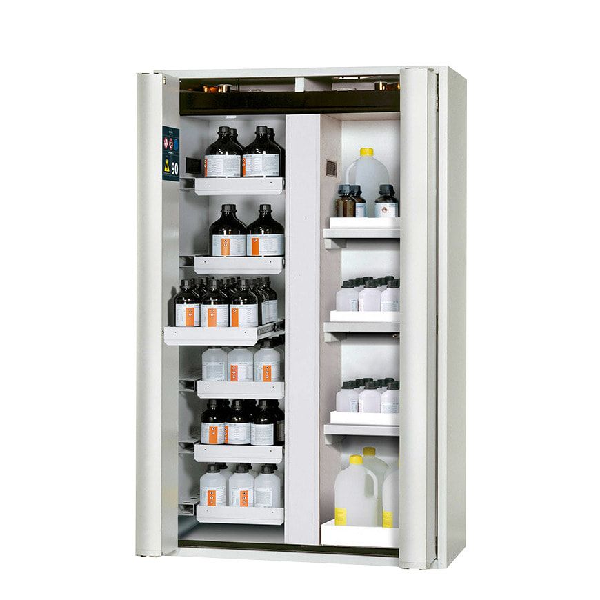 Sicherheitsschrank Typ 90 - Trennwand - ca. 2 x 1,2 x 0,6 m (HxBxT) - 6 Auszugswannen - 3 Wannenböden - lichtgrau - Edelstahl