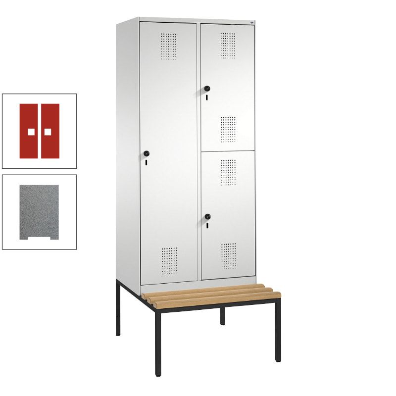 Garderobenschrank, Spind ein- und doppelstöckig Sitzbank, 2 Abteile, 3 Fächer, 2.090 x 800 x 500 mm (HxBxT), Front anthrazitgrau, Korpus anthrazitgrau