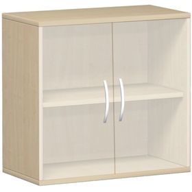 Flügeltürenschrank, rahmenlose Glastüren satiniert, 2 Ordnerhöhen, 1 Einlegeboden, 768 x 800 x 425 mm (HxBxT), Korpusfarbe wählbar