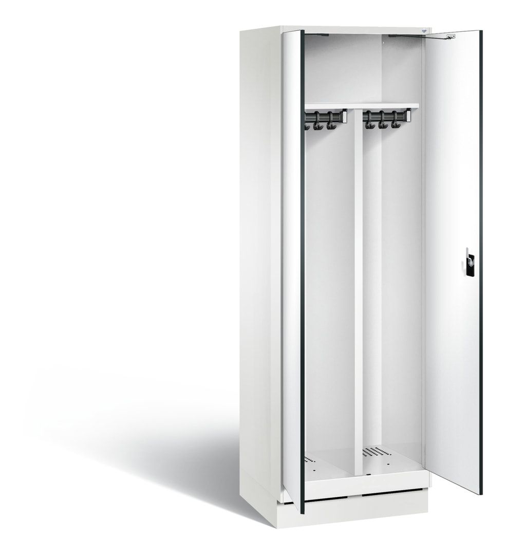 Doppel-Spind, Garderobenschrank auf Sockel, 2 Abteile a 300 mm, Korpus anthrazitgrau, Tür Dekorfront HPL Donau-Ahorn, 1.800 x 600 x 500 mm (HxBxT)