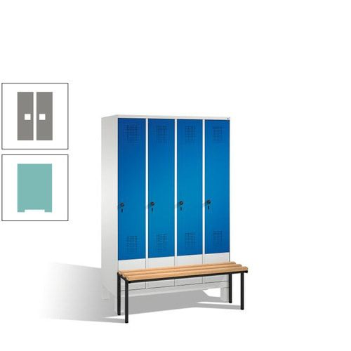 Stahl-Garderobenschrank, Spind, Buche Sitzbank vorgebaut, 4 Abteile a 300 mm, Korpus Lichtgrün, Tür Schwefelgelb, 1.850 x 1.200 x 815 mm (HxBxT)