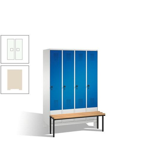Stahl-Garderobenschrank, Spind, Buche Sitzbank vorgebaut, 4 Abteile a 300 mm, Korpus Lichtgrün, Tür Schwefelgelb, 1.850 x 1.200 x 815 mm (HxBxT)