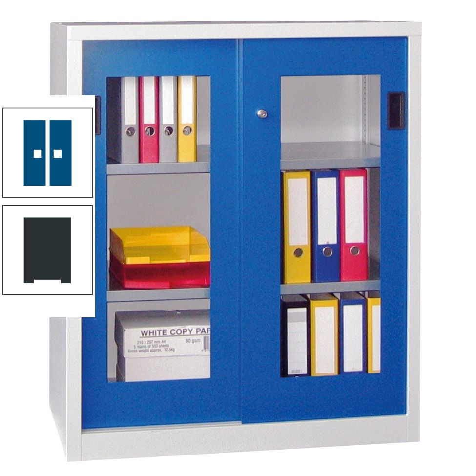 Schiebetürenschrank - Sichtfenstertüren - 1.000x1.000x400 mm (HxBxT) - 2 Böden, gepulvert - Zylinderschloss - anthrazitgrau