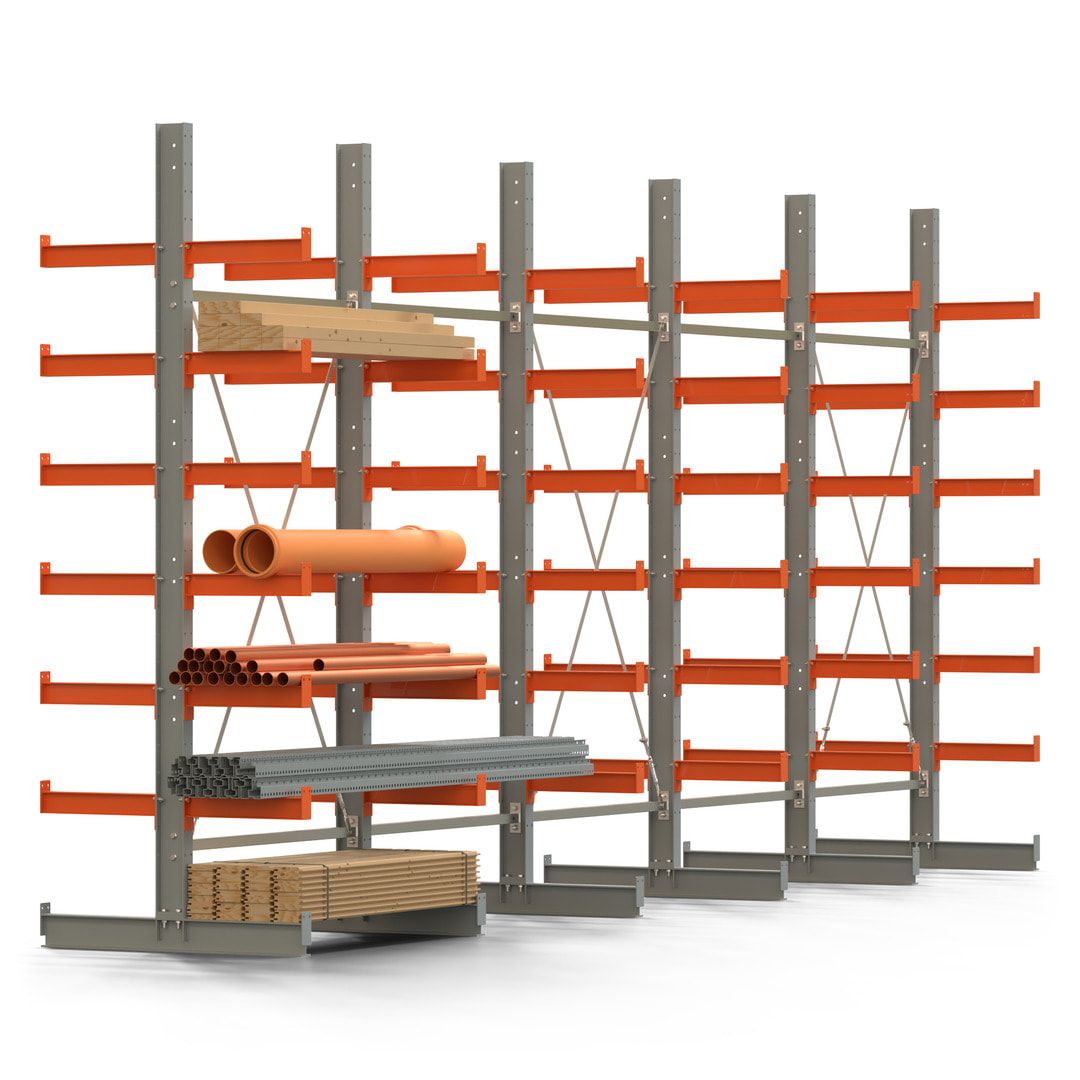 Doppelseitiges Kragarmregal, 2 Felder, 3.000 x 2.560 x 1.120 mm (HxBxT), Nutztiefe 500 mm, Kragarmlast 870 kg, KARL basic, silbergrau/reinorange