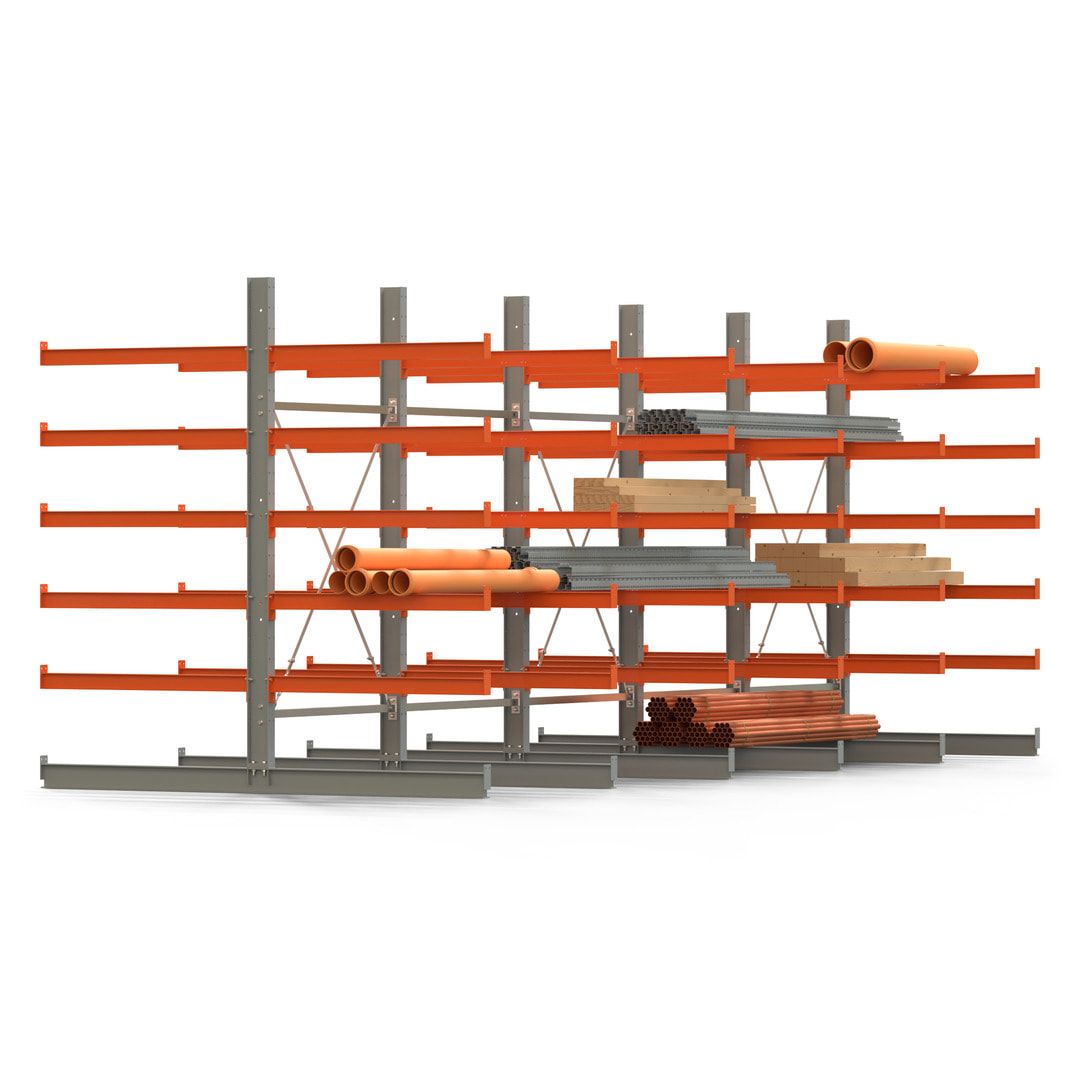 Doppelseitiges Kragarmregal, 2 Felder, 2.500 x 2.560 x 1.120 mm (HxBxT), Nutztiefe 500 mm, Kragarmlast 870 kg, KARL basic, silbergrau/reinorange