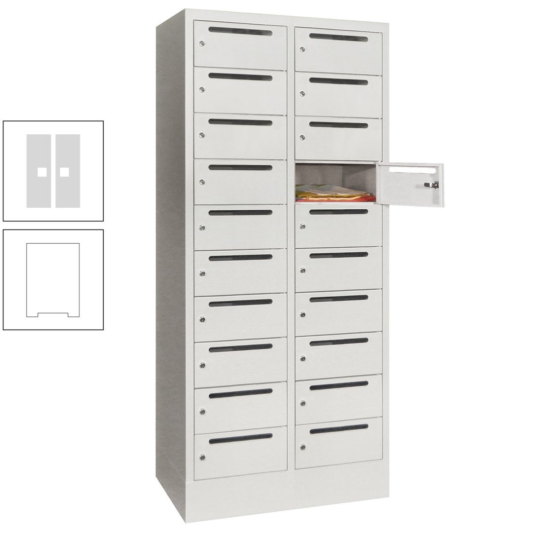 Postverteilerschrank, Schließfachschrank, 2 Abteile a 400 mm, 20 Fächer, 1.850 x 800 x 500 mm (HxBxT), Korpus anthrazitgrau, Front anthrazitgrau