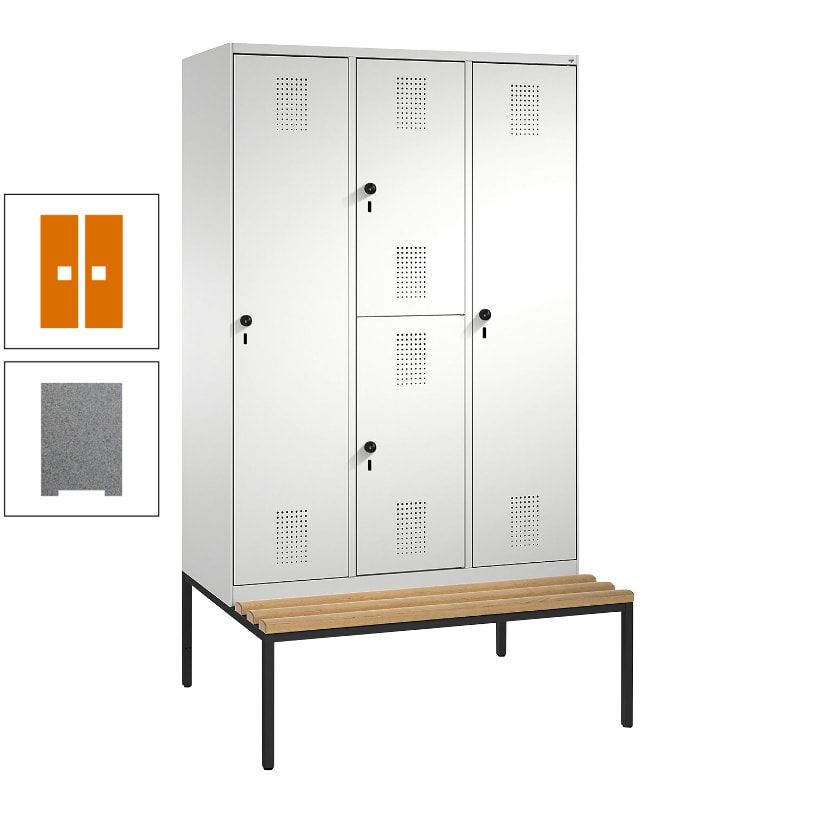 Garderobenschrank, Spind ein- und doppelstöckig Sitzbank, 3 Abteile, 4 Fächer, 2.090x1.200x500 mm (HxBxT), Front anthrazitgrau, Korpus anthrazitgrau