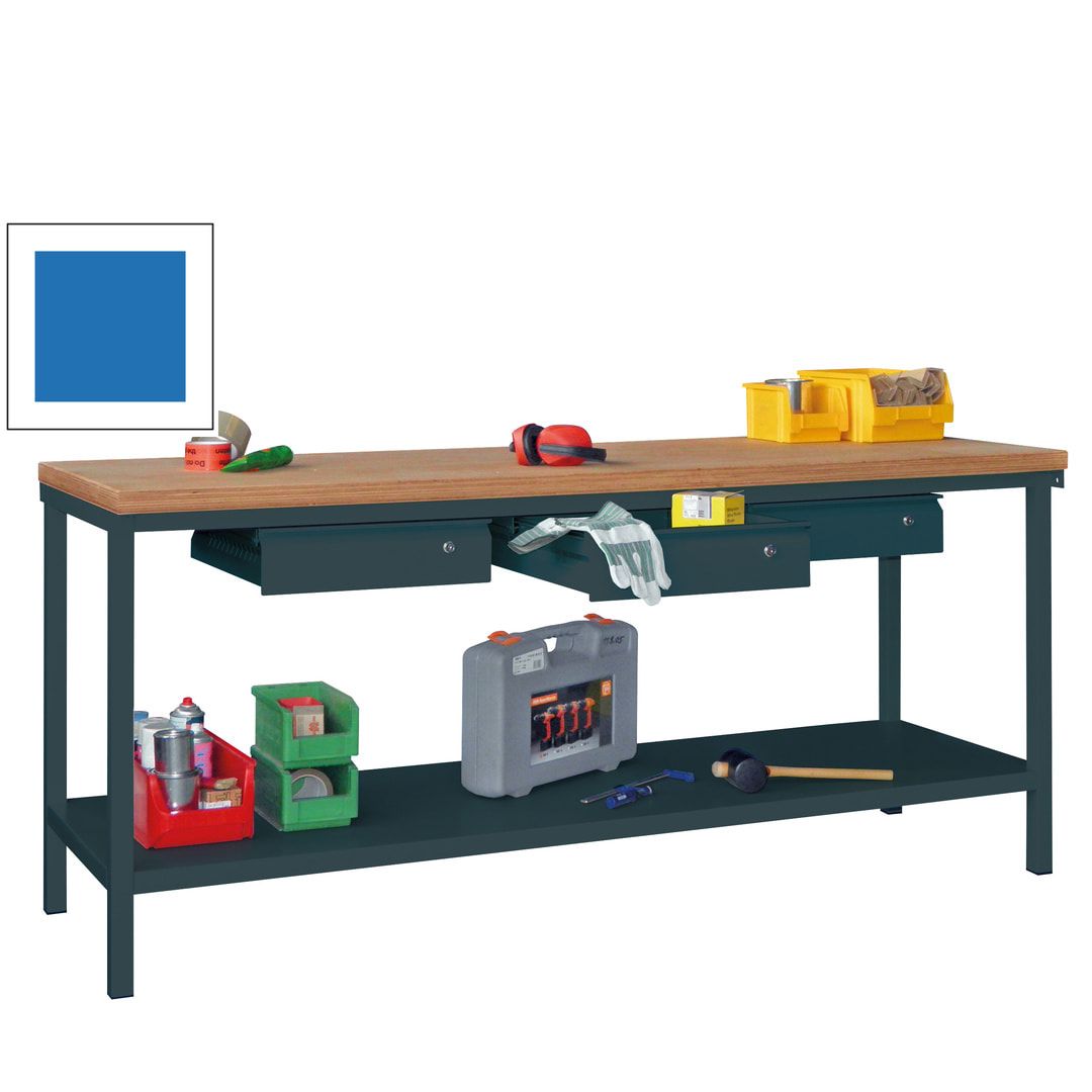 Werkbank mit Ablageboden - 3 Schubladen - 900 x 2.000 x 700 mm (HxBxT) - anthrazitgrau