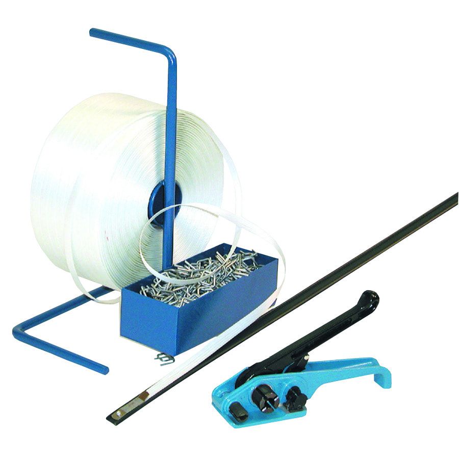 Umreifungs-Set - Polyester Kraftband - Bandbreite 13 mm - Spanner - Abrollständer - Bandlänge 1.100 m