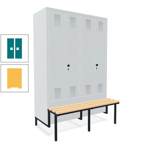 Doppel-Spind, Garderobenschrank, Buche Sitzbank integriert, 4 Abteile 300 mm, Korpus anthrazitgrau, Tür anthrazitgrau, 1.850 x 1.200 x 815 mm (HxBxT)
