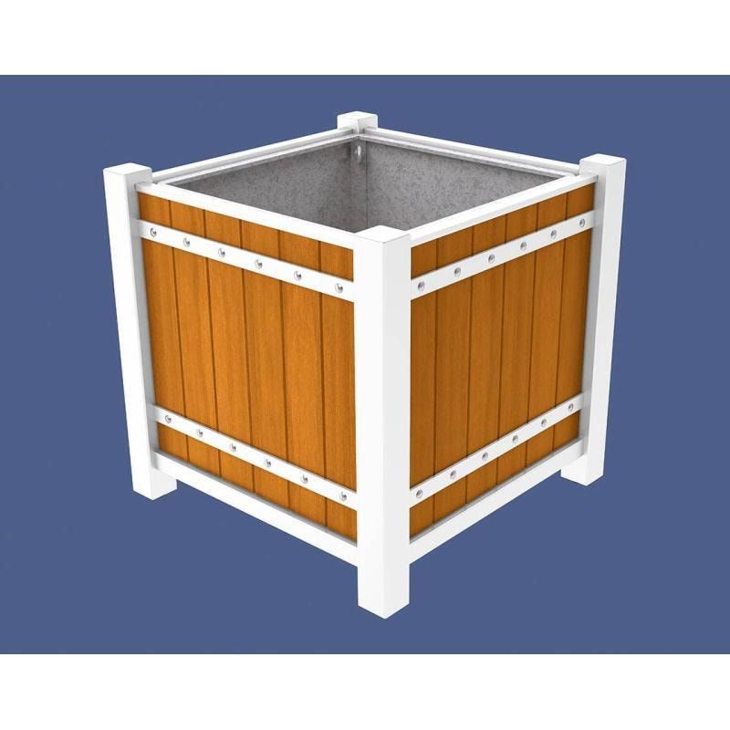 Pflanzbehälter, Pflanzgefäß, verzinkt, Eichenholzverkleidung, innen feuerverzinkt mit Verladungsgriffen, 960 x 1.060 x 1.060 mm (HxBxT), enzianblau